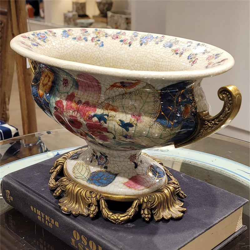 Porcelain Oval Centerpiece Basin with Bronze Ormolu – Tobacco Leaf Collection