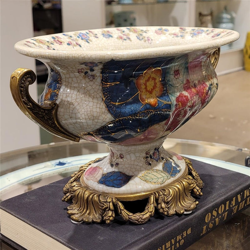 Porcelain Oval Centerpiece Basin with Bronze Ormolu – Tobacco Leaf Collection