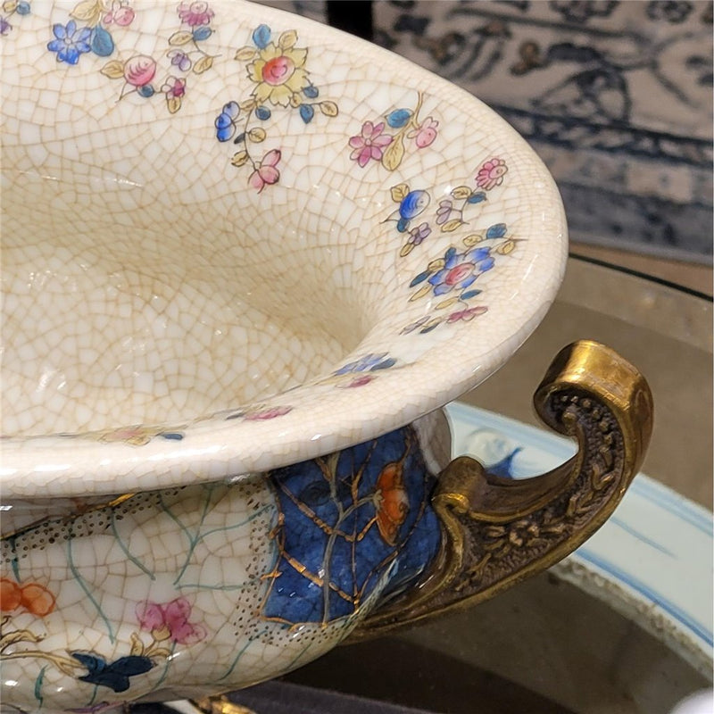Porcelain Oval Centerpiece Basin with Bronze Ormolu – Tobacco Leaf Collection