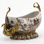 Lovecup Porcelain Village Pattern Boat Shaped Basin With Swan Figure With Bronze Ormolu L366