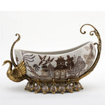 Lovecup Porcelain Village Pattern Boat Shaped Basin With Swan Figure With Bronze Ormolu L366