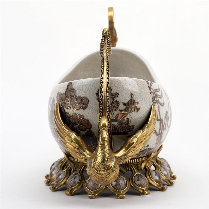 Lovecup Porcelain Village Pattern Boat Shaped Basin With Swan Figure With Bronze Ormolu L366