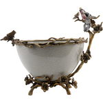 Lovecup Porcelain Oval Basin Bird Figurine With Bronze Ormolu In White Crackle L409