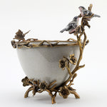 Lovecup Porcelain Oval Basin Bird Figurine With Bronze Ormolu In White Crackle L409