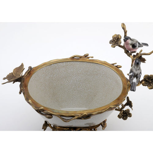 Lovecup Porcelain Oval Basin Bird Figurine With Bronze Ormolu In White Crackle L409