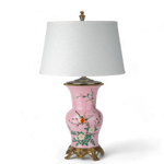 Lovecup Porcelain Pink Floral And Bird Pattern Round Vase With Bronze Ormolu Table Lamp L994