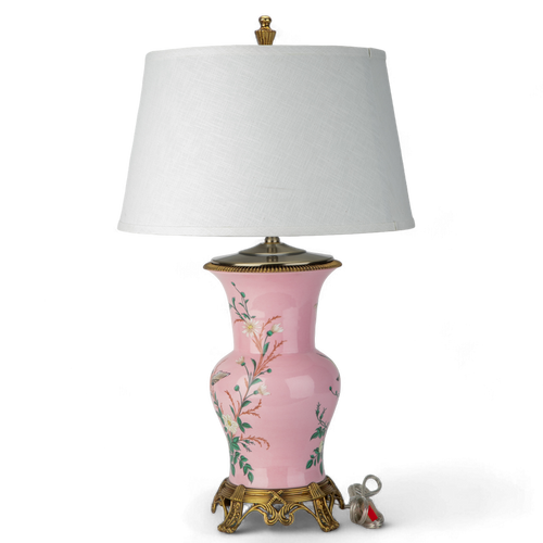 Lovecup Porcelain Pink Floral And Bird Pattern Round Vase With Bronze Ormolu Table Lamp L994
