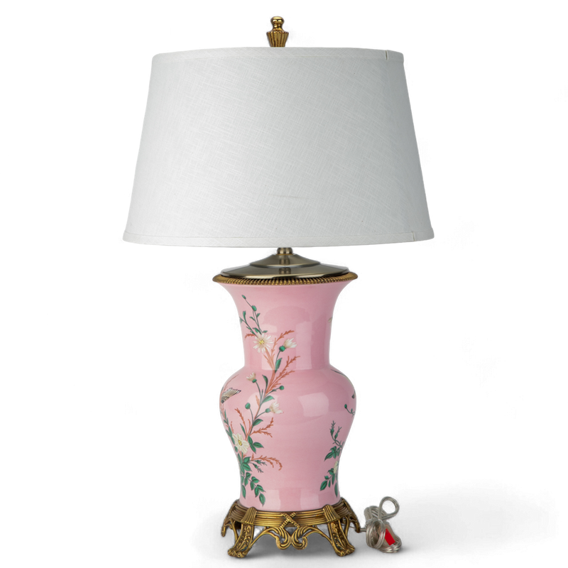 Lovecup Porcelain Pink Floral And Bird Pattern Round Vase With Bronze Ormolu Table Lamp L994