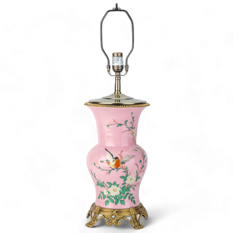 Lovecup Porcelain Pink Floral And Bird Pattern Round Vase With Bronze Ormolu Table Lamp L994