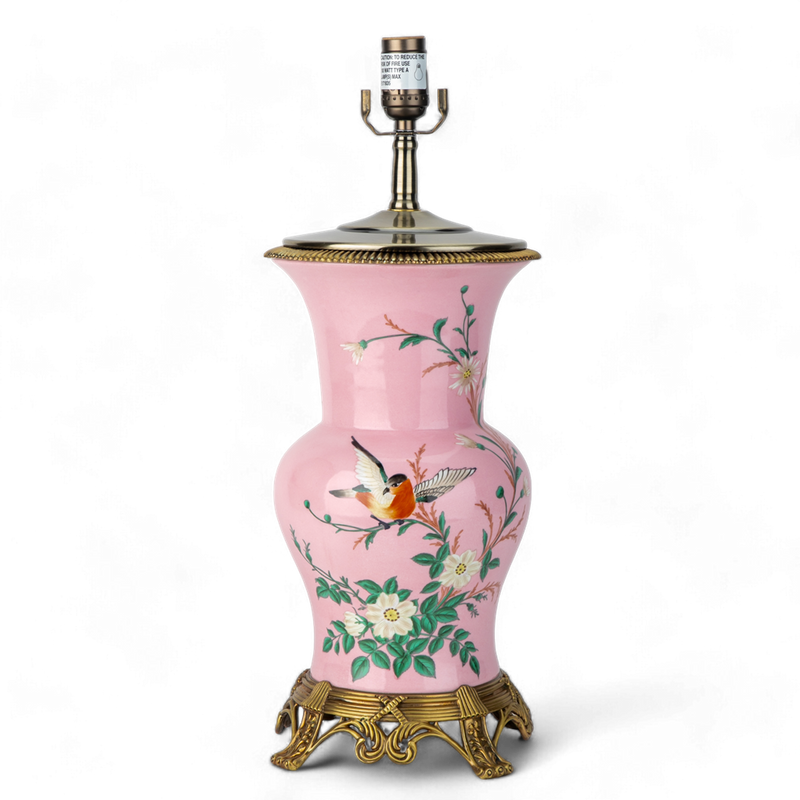 Lovecup Porcelain Pink Floral And Bird Pattern Round Vase With Bronze Ormolu Table Lamp L994