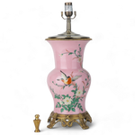 Lovecup Porcelain Pink Floral And Bird Pattern Round Vase With Bronze Ormolu Table Lamp L994