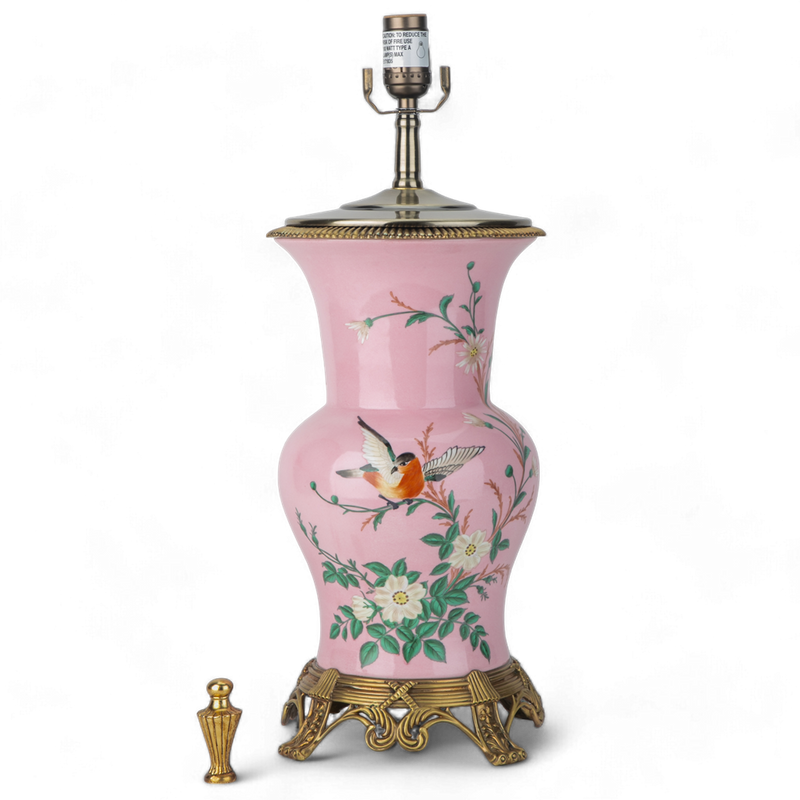 Lovecup Porcelain Pink Floral And Bird Pattern Round Vase With Bronze Ormolu Table Lamp L994