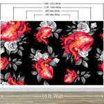 Valentines Hearts and Roses Watercolor Pattern Wall Mural. Black background. #6136