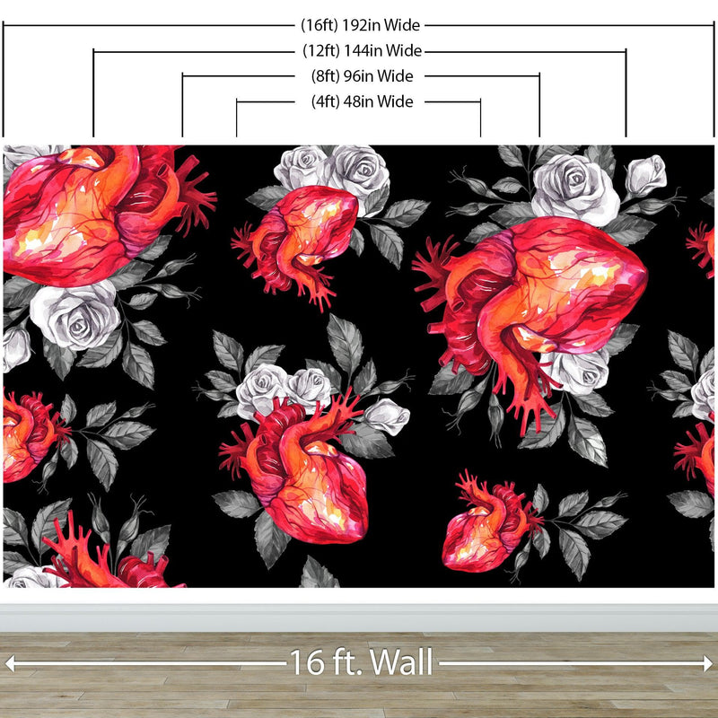 Valentines Hearts and Roses Watercolor Pattern Wall Mural. Black background. #6136