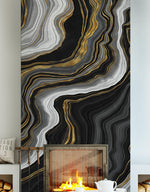 Black and Gold Abstract Marble Stone Pattern Peel and Stick Wallpaper. #6146