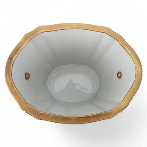 Lovecup Porcelain Oval Cachepot With Multicolor Florals In Blue Lattice With Bronze Ormolu - Garden Trellis L564