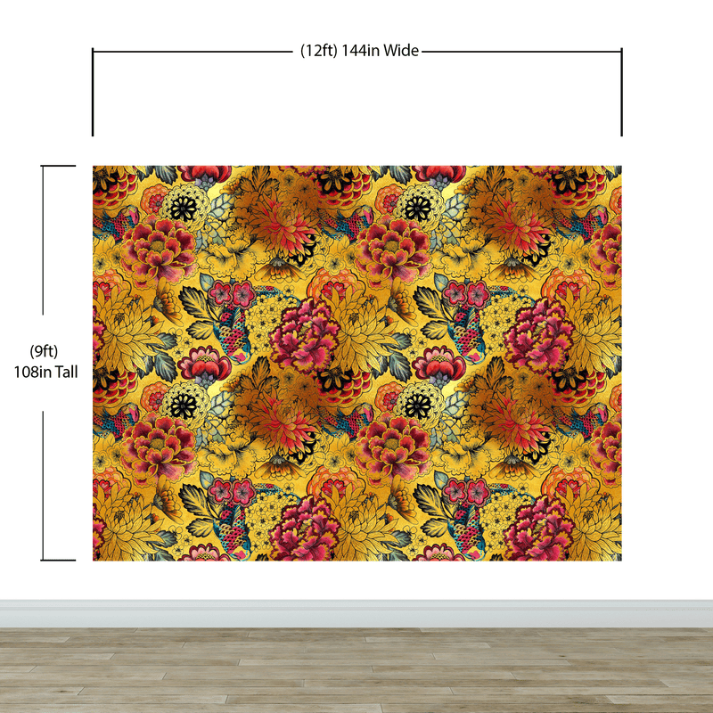 Japanese Art Koi Fish Peel and Stick Wallpaper. Gold Flowers Background.  Removable Wall Mural #6192