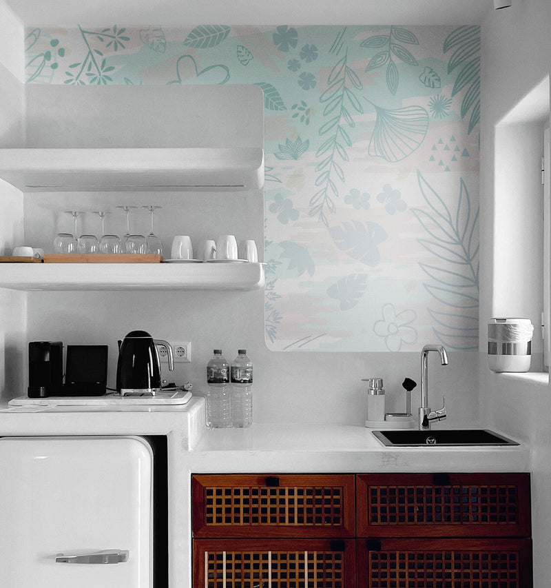 Pastel Botanical Nature Wallpaper Mural. Leafs and Flowers Design. #6195