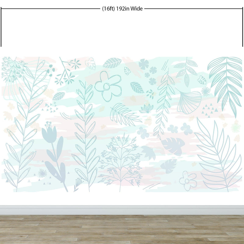 Pastel Botanical Nature Wallpaper Mural. Leafs and Flowers Design. #6195