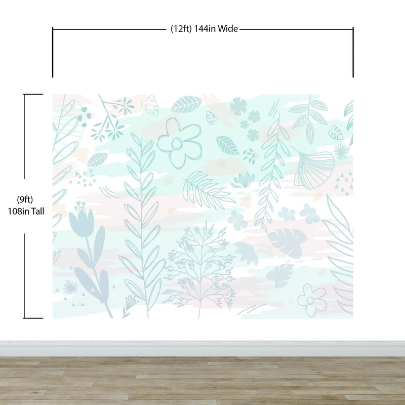 Pastel Botanical Nature Wallpaper Mural. Leafs and Flowers Design. #6195
