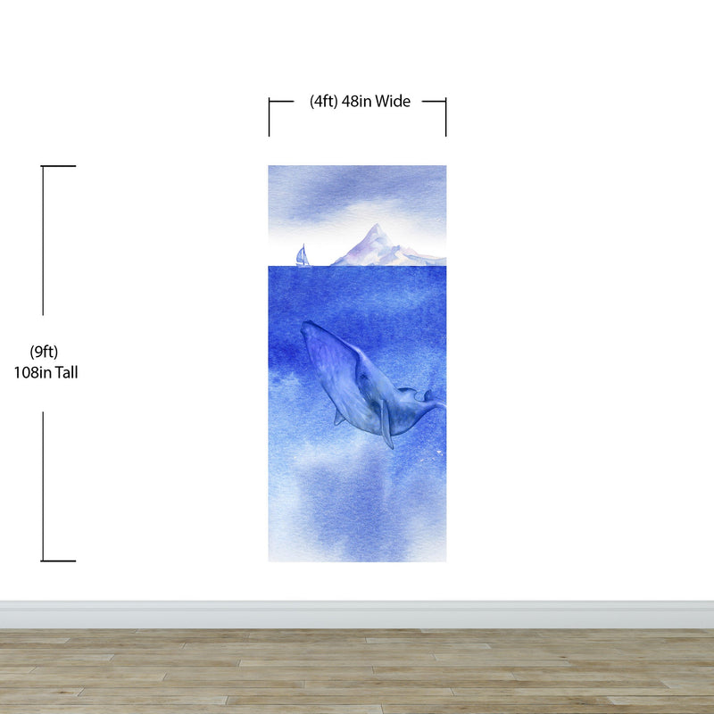 Whale in Ocean Wall Mural. Watercolor artwork of whale, island and sailboat. Peel and Stick Wallpaper. #6197