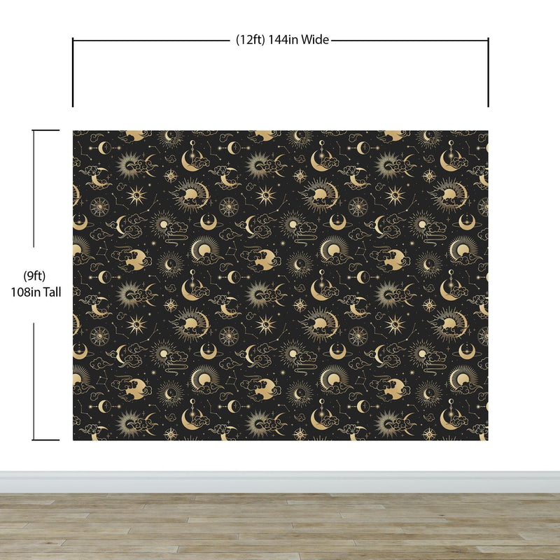 Astronomy Pattern Peel and Stick Wallpaper. Stars, Sun, Moon and Cloud. Removable Wall Mural #6208