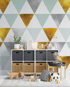 Triangle Geometric Abstract Pattern Wall Mural. Gold, Silver, Teal, Turquoise and White Color Pattern. #6306