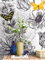 Butterflies in Flower Garden Wall Mural. Retro Black and White Illustration Floral Design. #6320