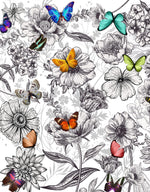 Butterflies in Flower Garden Wall Mural. Retro Black and White Illustration Floral Design. #6320