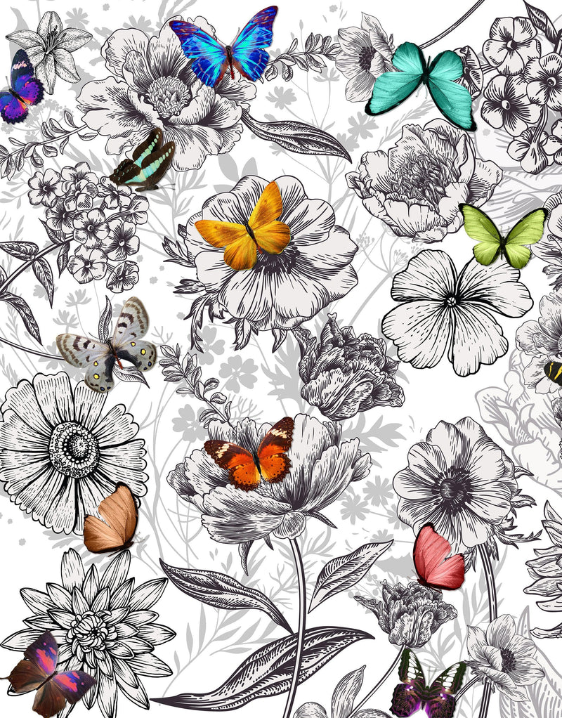 Butterflies in Flower Garden Wall Mural. Retro Black and White Illustration Floral Design. #6320