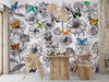 Butterflies in Flower Garden Wall Mural. Retro Black and White Illustration Floral Design. #6320