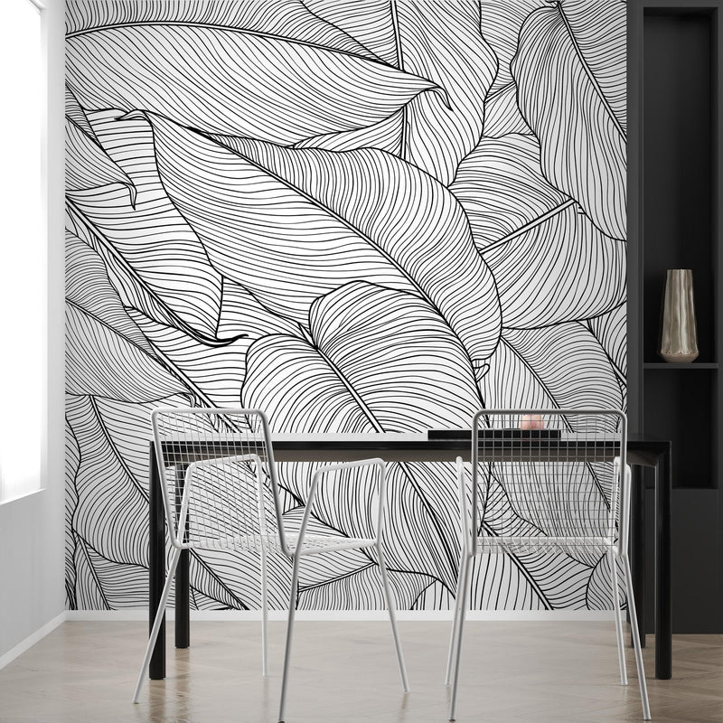 Banana Leaves Wallpaper, Palm Leaves Line Art Pattern Peel and Stick Wall Mural. #6330