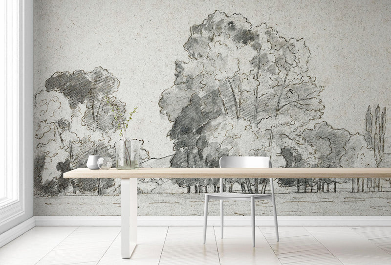 Forest Trees Wallpaper Peel and Stick Mural, Grove of Trees Drawing by Camille Pissarro. #6344