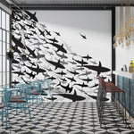Shark Frenzy Underwater Wall Mural. Peel and Stick Wallpaper. Black and White Shark Silhouettes  #6347