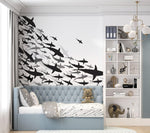Shark Frenzy Underwater Wall Mural. Peel and Stick Wallpaper. Black and White Shark Silhouettes  #6347