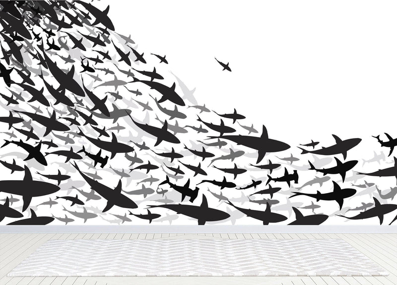 Shark Frenzy Underwater Wall Mural. Peel and Stick Wallpaper. Black and White Shark Silhouettes  #6347