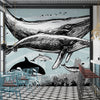 Whale, Dolphin, Killer Whale Wall Mural. Underwater Sea Life Drawing Design. Peel and Stick Wall Mural. #6354
