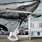Whale, Dolphin, Killer Whale Wall Mural. Underwater Sea Life Drawing Design. Peel and Stick Wall Mural. #6354