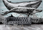 Whale, Dolphin, Killer Whale Wall Mural. Underwater Sea Life Drawing Design. Peel and Stick Wall Mural. #6354