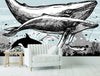 Whale, Dolphin, Killer Whale Wall Mural. Underwater Sea Life Drawing Design. Peel and Stick Wall Mural. #6354