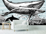 Whale, Dolphin, Killer Whale Wall Mural. Underwater Sea Life Drawing Design. Peel and Stick Wall Mural. #6354