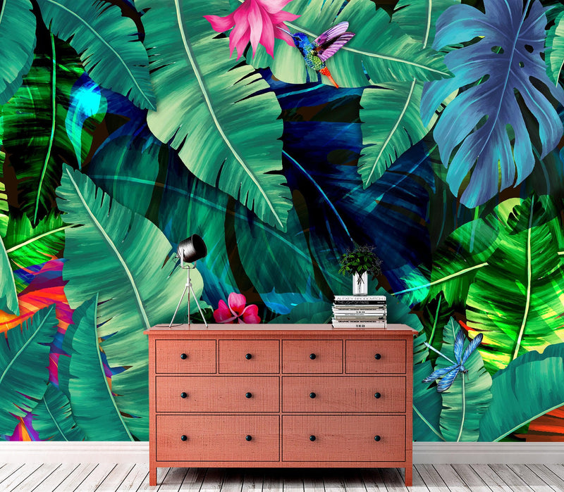 Rainforest Jungle Tropical Wallpaper. Green Flowers and Palm Tree Leaves Design. #6357