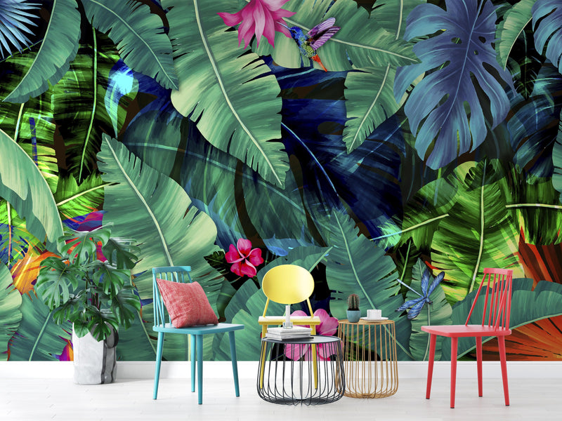 Rainforest Jungle Tropical Wallpaper. Green Flowers and Palm Tree Leaves Design. #6357