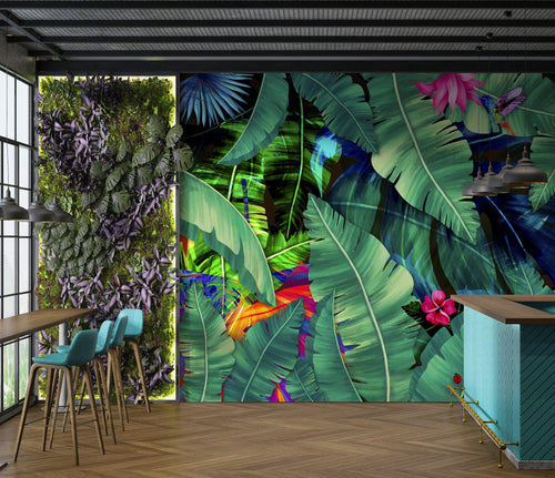 Rainforest Jungle Tropical Wallpaper. Green Flowers and Palm Tree Leaves Design. #6357