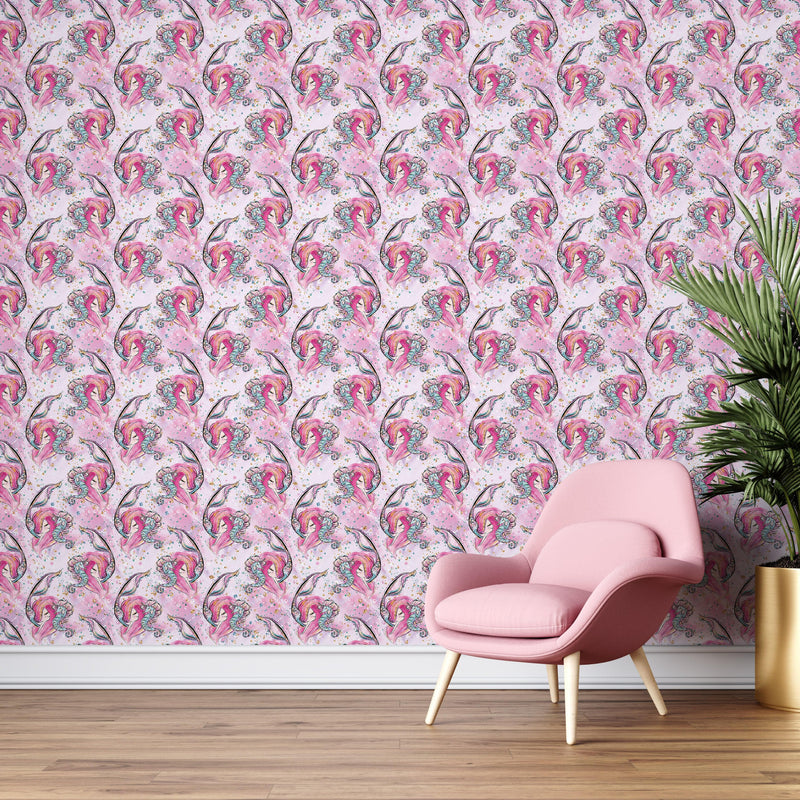 Pink Mermaid Wall Mural. Magical Cute Mermaid and Seahorse in Ocean Peel and Stick Wallpaper. #6371