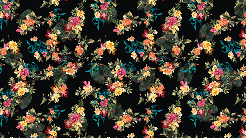 Tropical Flower Wall Mural. Paradise Botanical Flowers and Leave Black Background. #6372