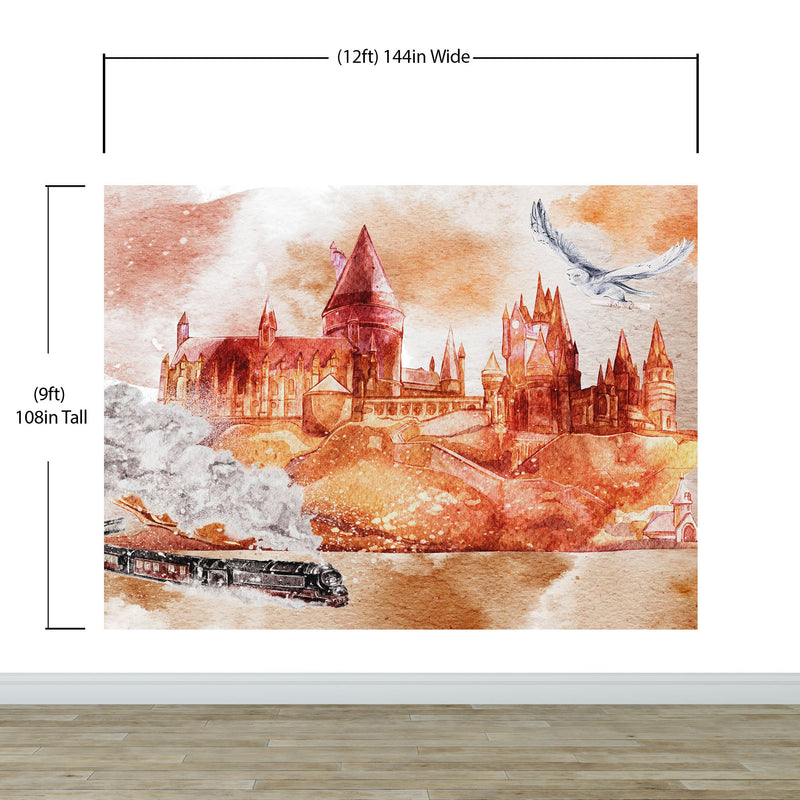 Wizardly World Wall Mural. Fantasy Theme with Castle / Train / Owl Peel and Stick Wallpaper. #6373