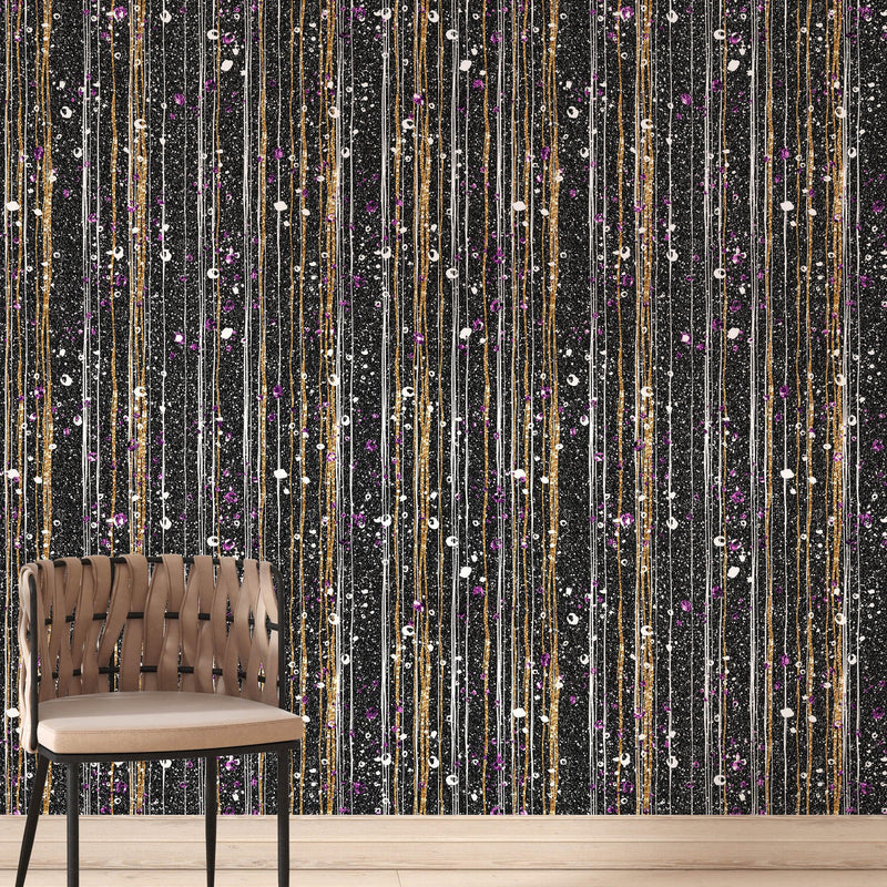 Glamour Gold Stripe Wall Mural. White and Purple Dot Peel and Stick Wallpaper. #6378