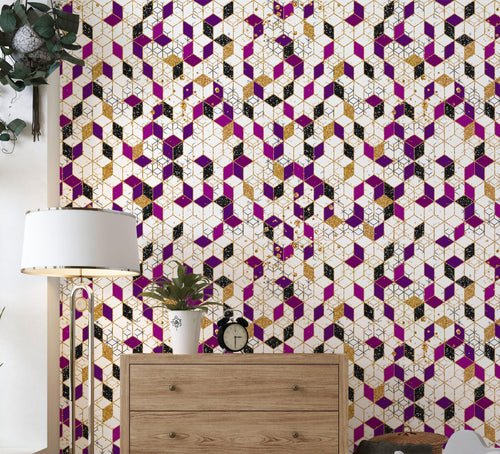Abstract 3D Cube Shape Wall Mural. Geometric Cube Minimalistic Purple and Gold Peel and Stick Wallpaper. #6380