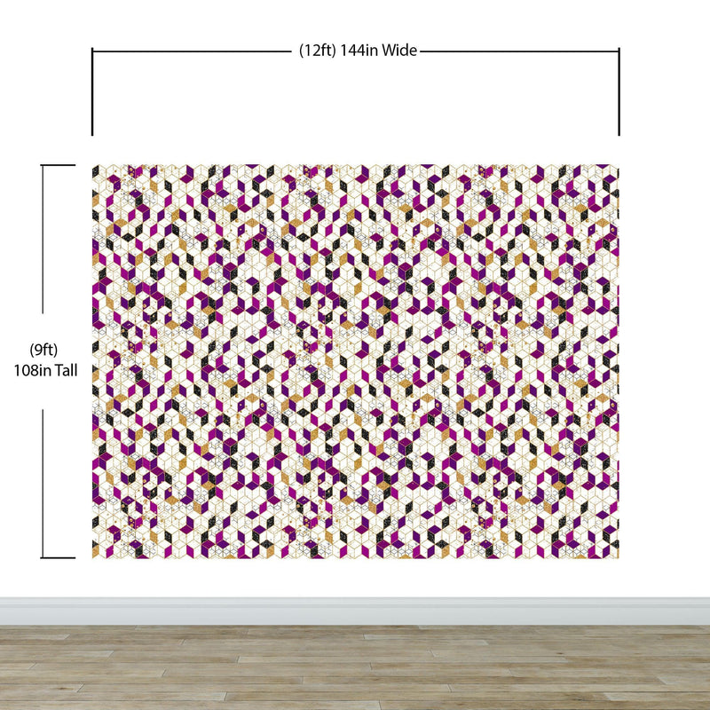 Abstract 3D Cube Shape Wall Mural. Geometric Cube Minimalistic Purple and Gold Peel and Stick Wallpaper. #6380